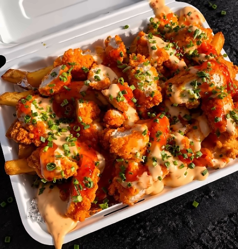 Loaded Mac and Fries topped with seasoned chicken, cheese sauce, house drizzle and chives